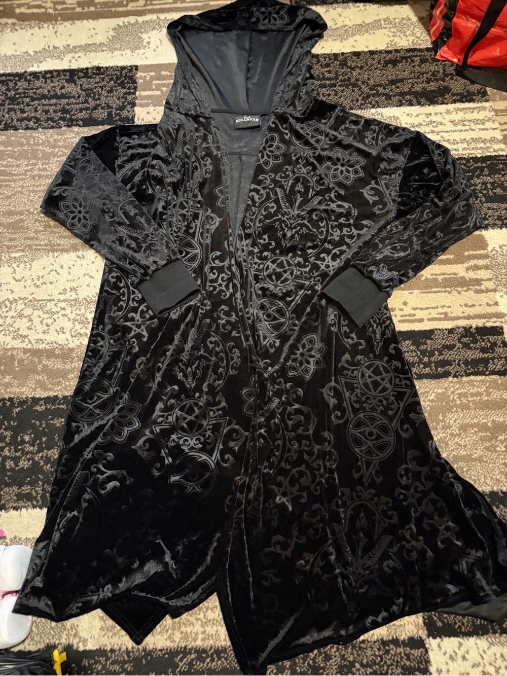 Women’s Killstar Black Velvet Hooded Cardigan with Jacquard Motifs